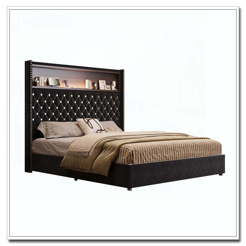 Cadre de lit doux en velours capitonné avec port USB et veilleuse, tête de lit haute 52 po avec rivets, Grand lit, Noir