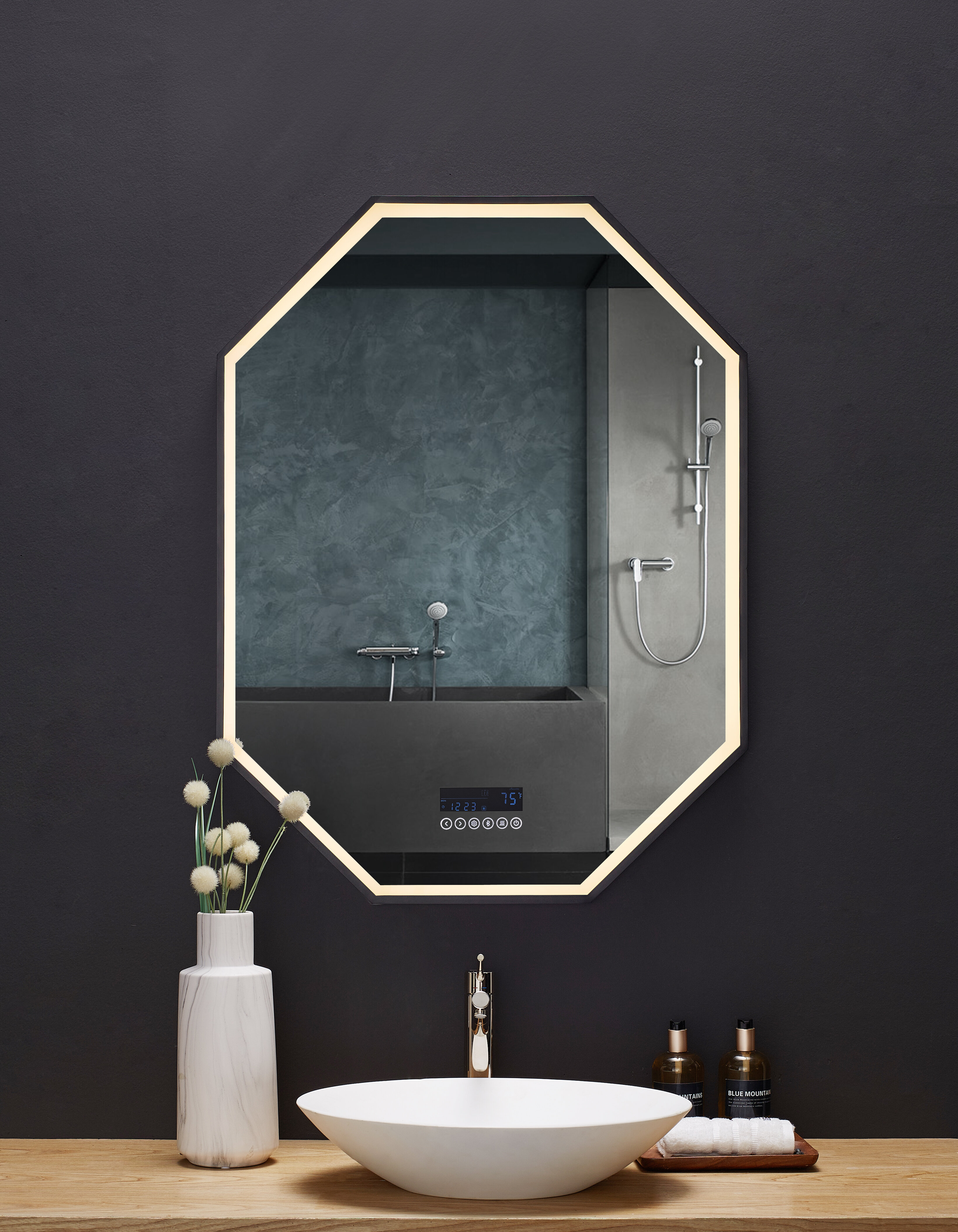 Ancerre Designs OTTO 30 inch x 40 inch LED Octagon Black Framed Mirror with  Bluetooth and