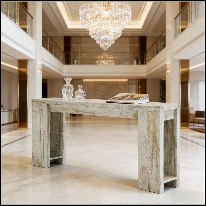 Élégante table d'entrée en bois avec plateau spacieux pour la décoration et le rangement, parfaite pour les espaces modernes et compacts.