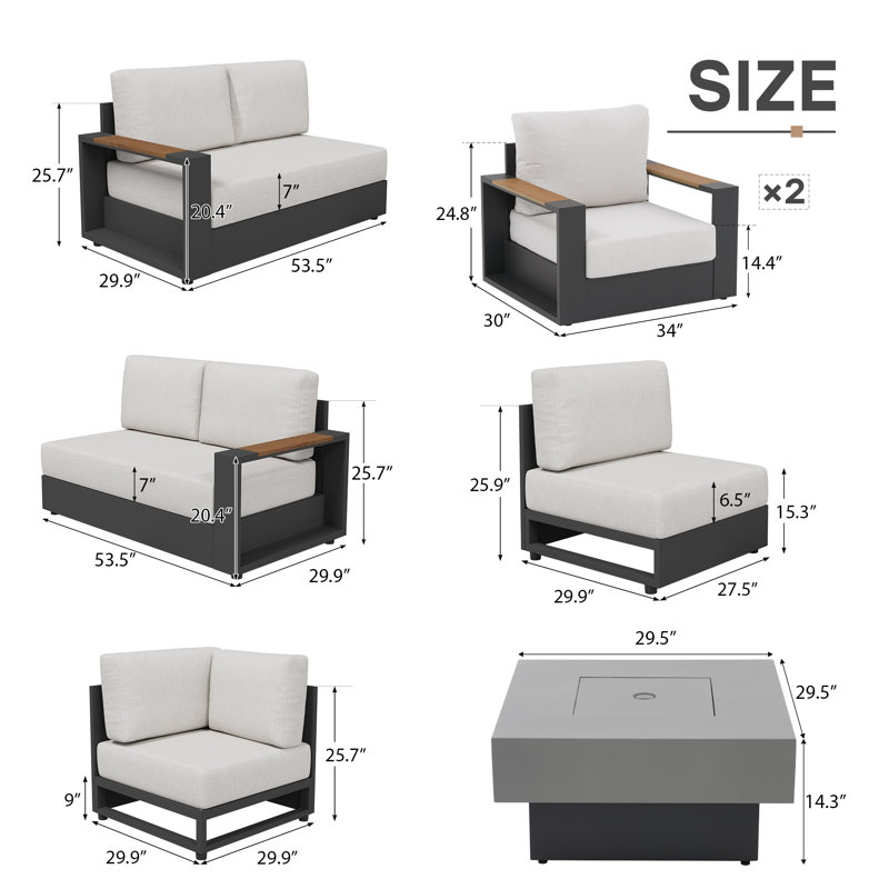Ensemble de conversation modulaire avec foyer pour 8 personnes Wallie, 4 pièces: table, canapé modulaire, 2 fauteuils, Yes