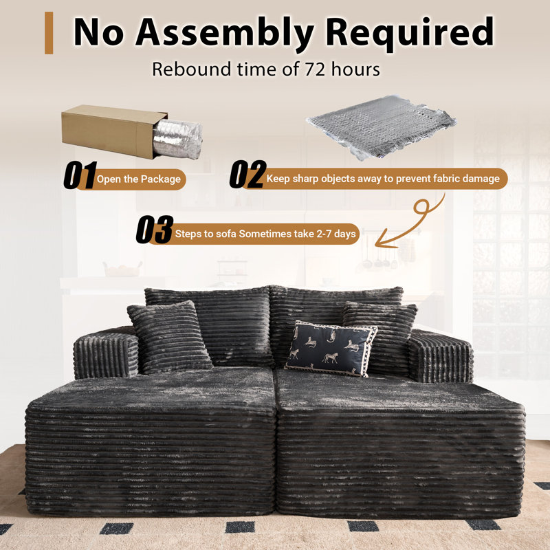 74.8" Plush Corduroy Modular Boneless Floor Sofa With Double Chaise — No Assembly, Fluffy Deep Seat Sleeper Couch Bed, Gray
