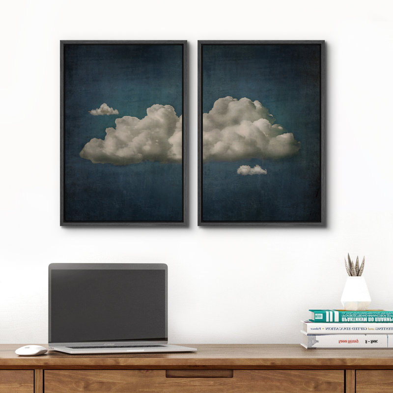 "Pastel" bleu marine abstrait ciel nuages moderne relaxant minimaliste décoration murale 2 pièces, Noir, H 24 po x l 16 po