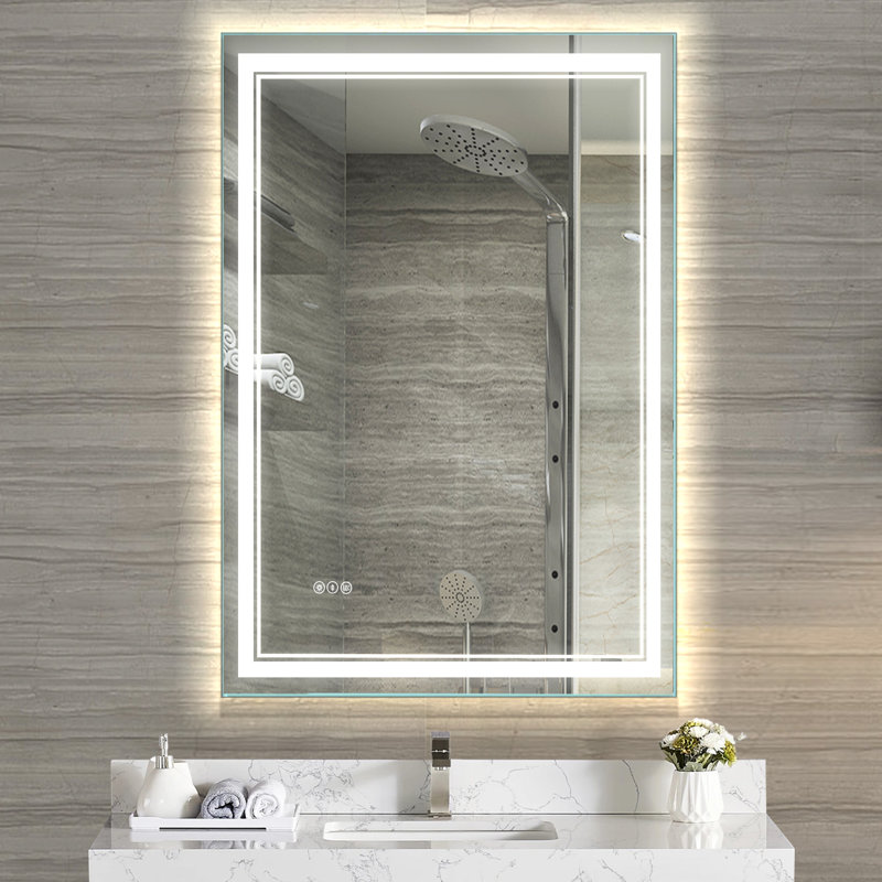  Miroir de salle de bain sans cadre à DEL avec éclairage avant et arrière, antibuée, gradation, Rectangulaire, 20 po x 28 po 