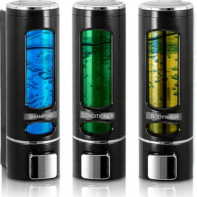 Wall-Mounted Shampoo and Conditioner Dispenser, 3-Pack (Black)