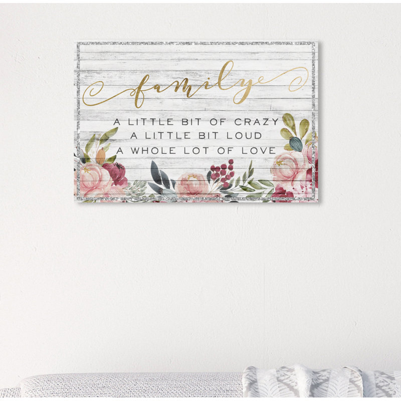 «Family Floral Love» - Art textuel, H 10 po x l 15 po x 1,5 po, Toile tendue