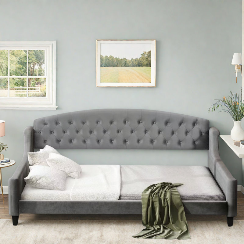 Lit de jour moderne avec bouton capitonné et pieds solides, Gris