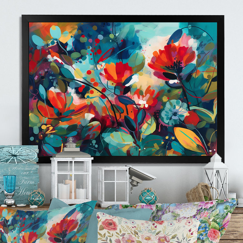 «Rogar Red Vibrant Garden Symphony I», reproduction d'art sur toile florale, Cadre photo noir, H 16 po x l 32 po x P 1 po