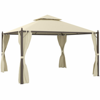 10' X 12' Steel Outdoor Patio Gazebo With Polyester Privacy Curtains, Two-Tier Roof For Air, Large Design