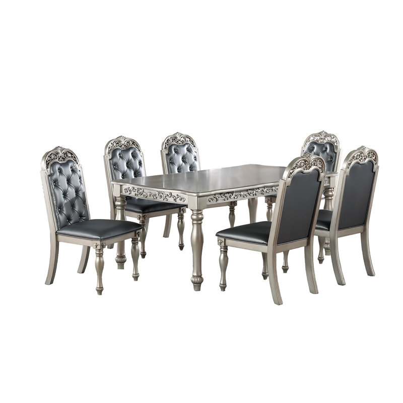 Table de salle à manger traditionnelle avec finition argentée / grise 7 pièces et 6 chaises d'appoint en bois d'hévéa avec dossier capitonné et dossier capitonné