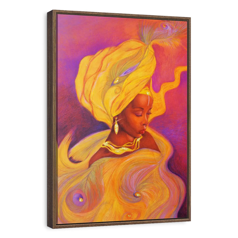 Déesse Oshun, 25 po x 37 po, Cadre flottant noyer