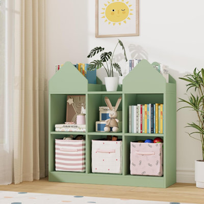 Set of 2 Kids House Bookshelf, 35.4" 2-Tier Wooden Bookcase for Bedroom, Playroom, Green
