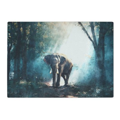 Tempered Glass Elephant Roaming in a Green Forest Chopping Board