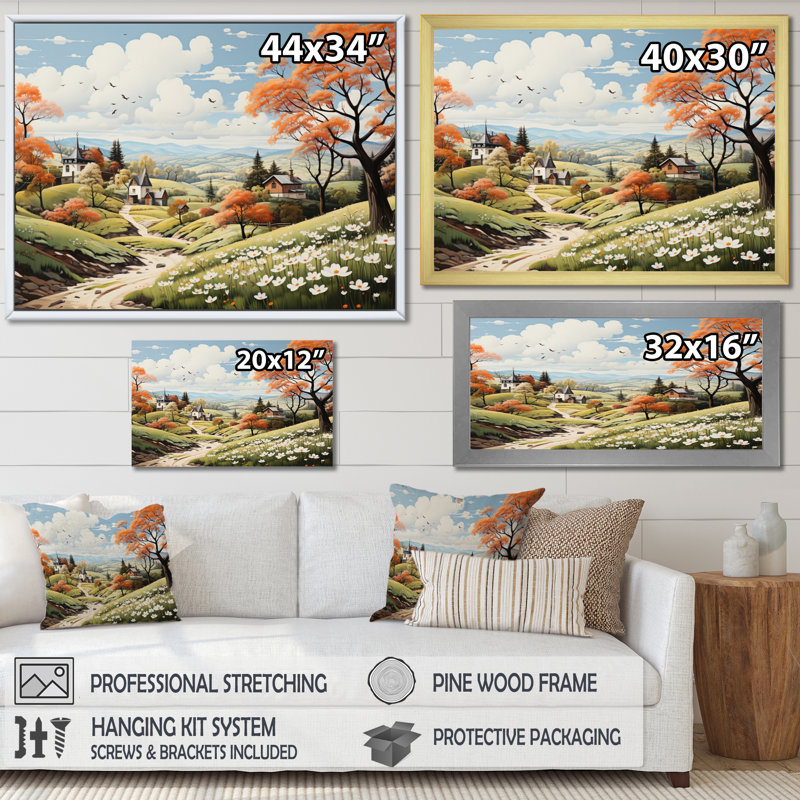 «Countryside Early Spring Landscape I», reproduction sur toile, Encadrement doré, H 12 po x l 20 po x P 1 po