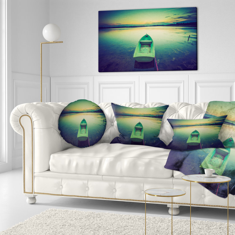 Bateau au coucher du soleil sur un lac rétro - Coussin décoratif imprimé bateaux