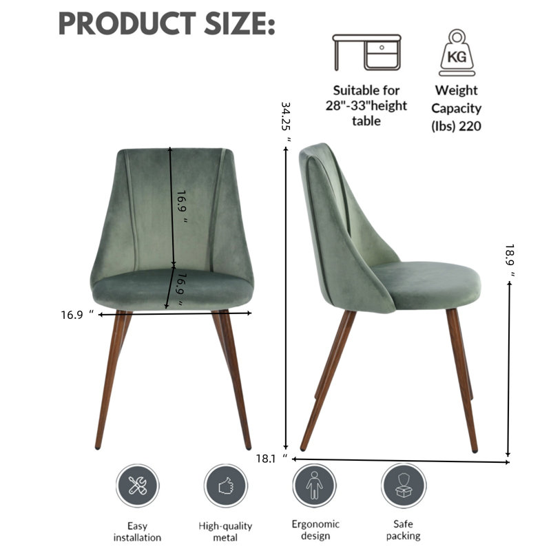 Benbrook Upholstered Kitchen Dining Side Chairs with Metal Legs for Living, Bedroom, Restaurant, Dark Brown, Velvet Green