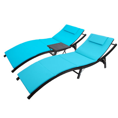 Raminez 3-Piece 81" PE Rattan Foldable Patio Chaise Lounge Set with Adjustable Backrest & Cushion, Outdoor Reclining Lounger with Foldable Coffee Tabl by Ebern Designs