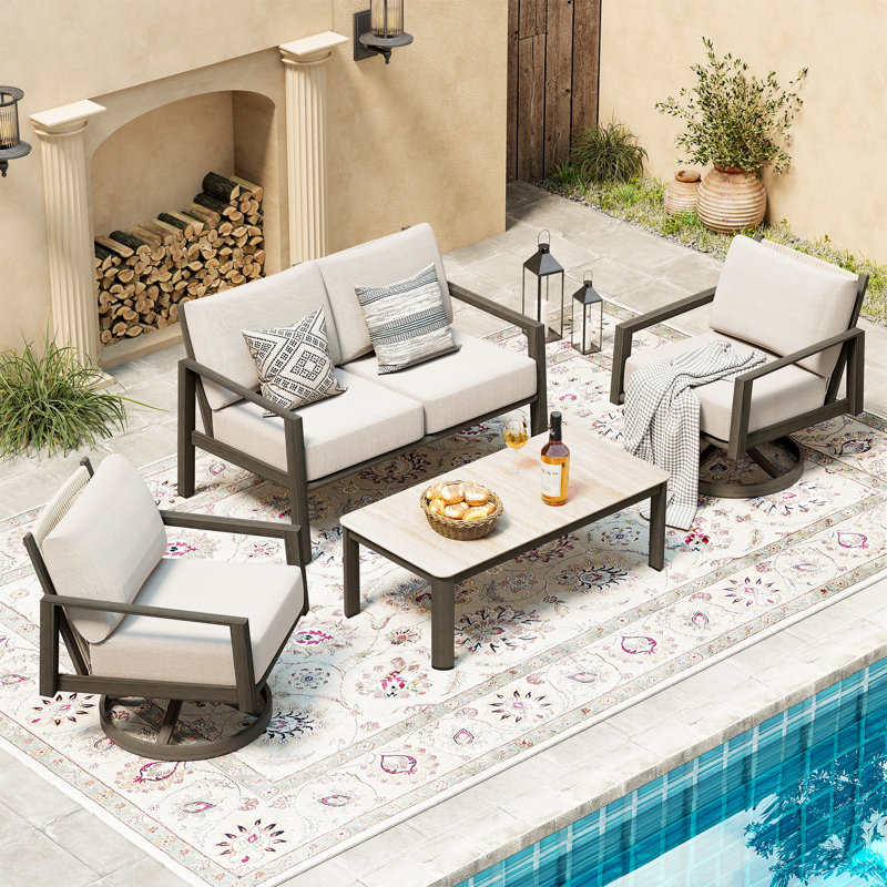 Nimbus 4-Piece Brown Aluminum Patio Conversation Set With Swivel Chairs, Light Gray Cushions And Coffee Table