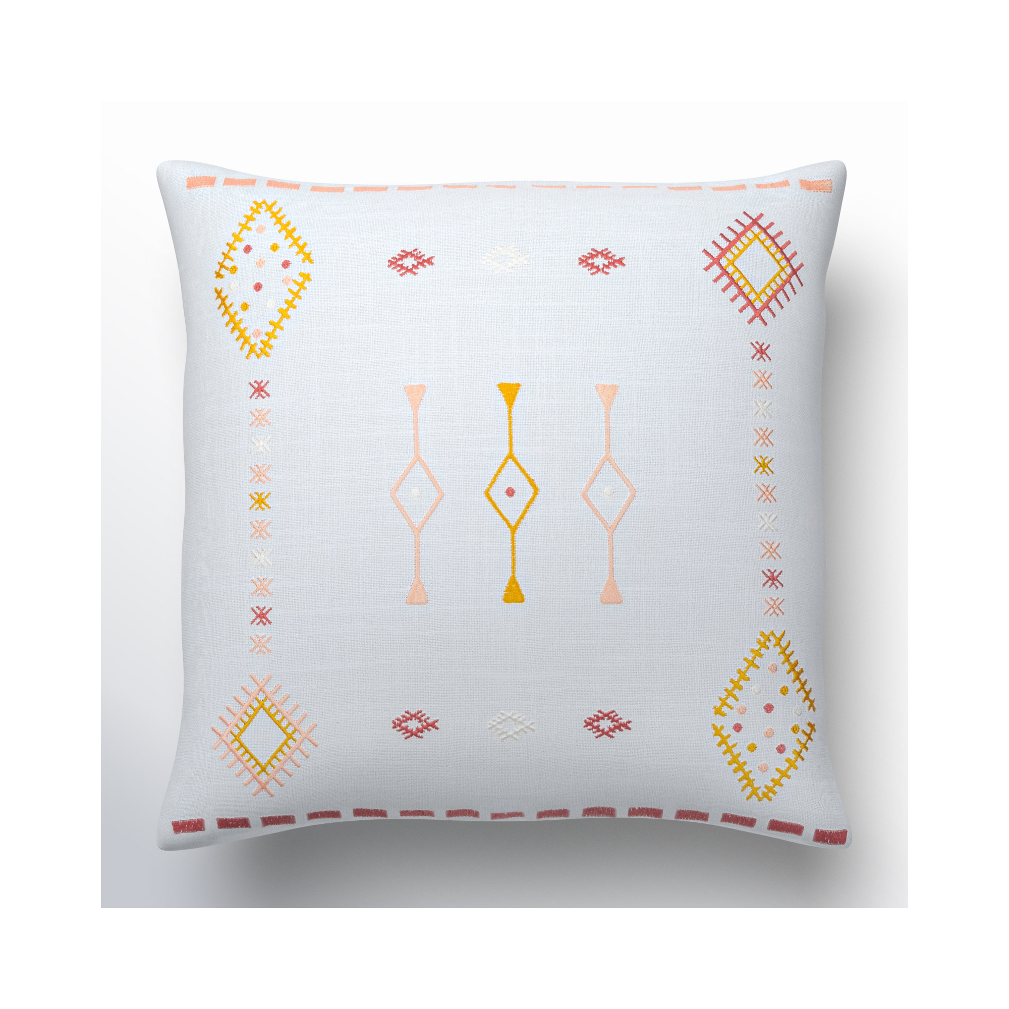 Decatur Embroidered Cotton Throw Pillow, 18" x 18", Pale Blue/Mustard/Dusty Pink, Polyester