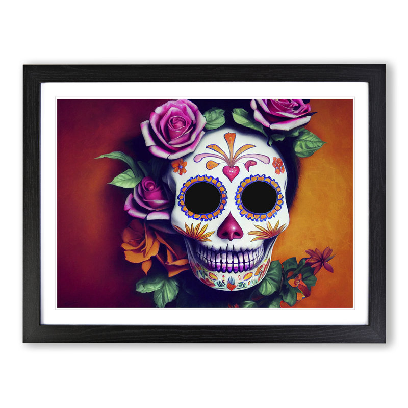 Refined Floral Sugar Skull - Single Picture Frame Print, Black Framed, 34cm H x 46cm W x 2cm D