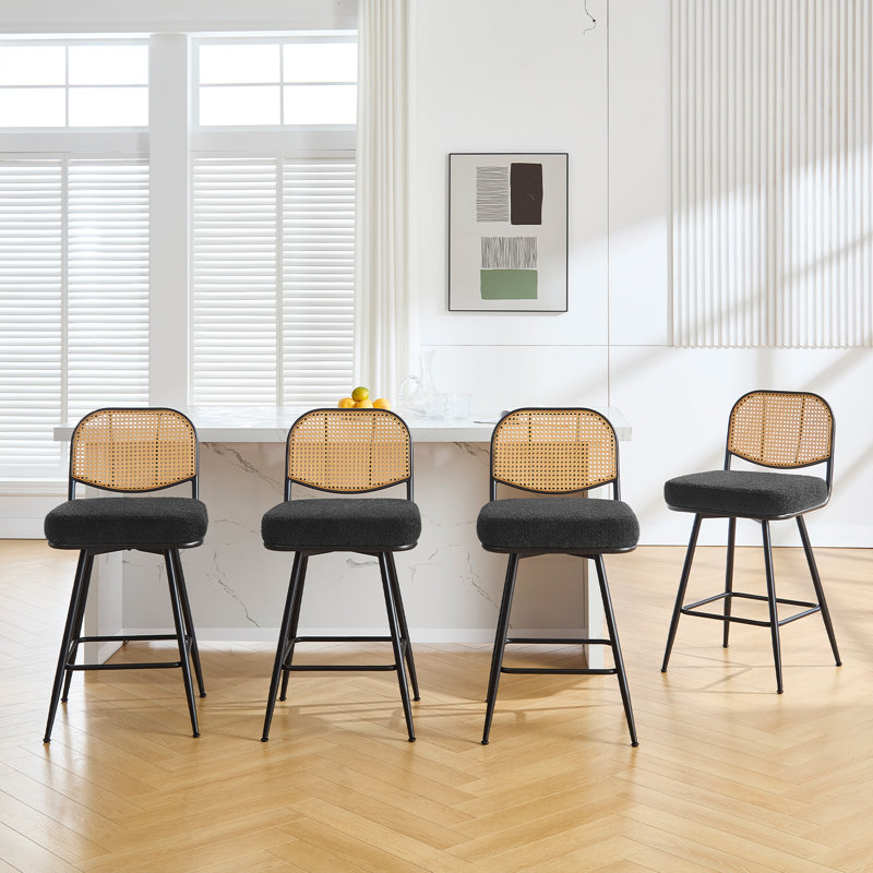 Upholstered Swivel Counter Stool With Rattan Backrest, Black, Bar Stool (29” Seat Height)