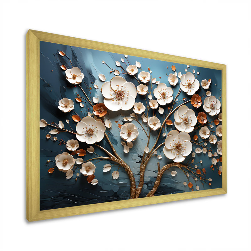 Orchidée blanche et bleue, arbre III - Art floral abstrait, Cadre d'angle fermé doré, H 24 po x l 32 po x P 1 po