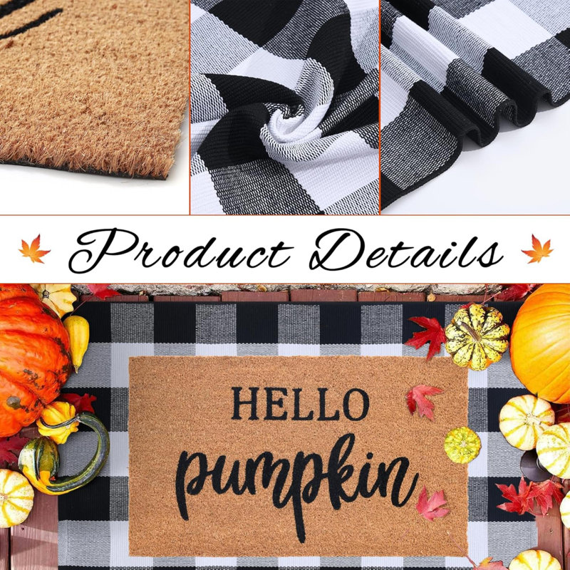 Fall Decor Door Mat Combo Set, 100% Coco Coir Welcome Mat  Plaid Rug - Fall Thanksgiving Front Porch Entryway Floor Doormat, Indoor Outdoors Autumn Mats Hello Pumpkin
