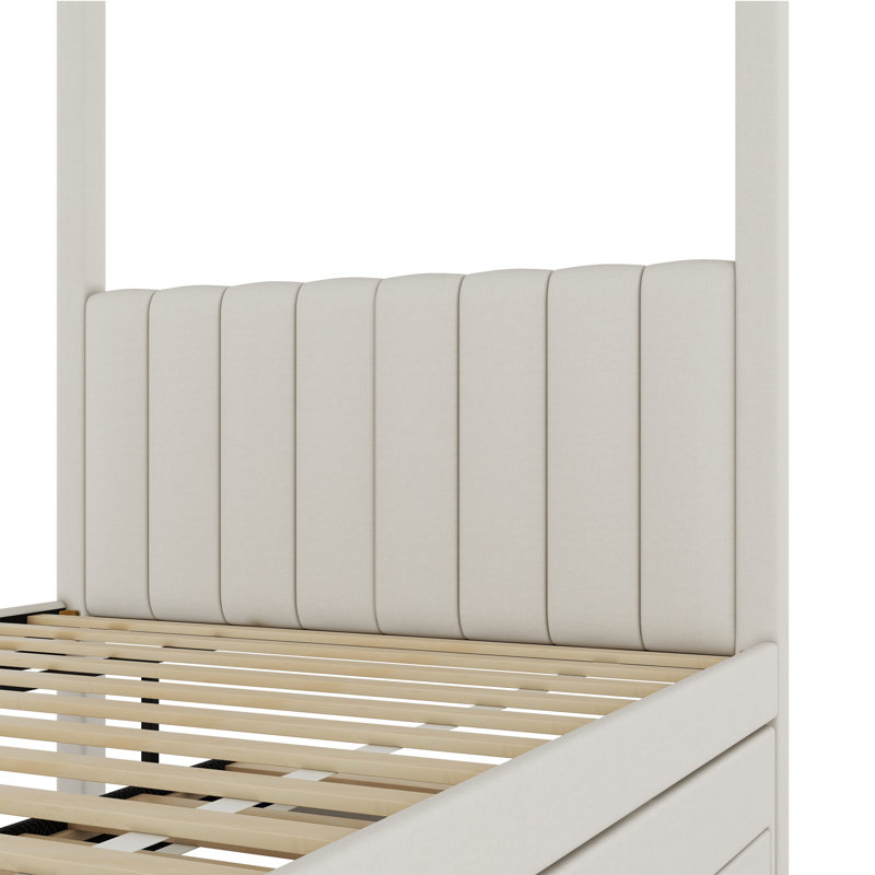 Lit plateforme double à baldaquin avec lit gigogne et trois tiroirs de rangement, beige, Lit double
