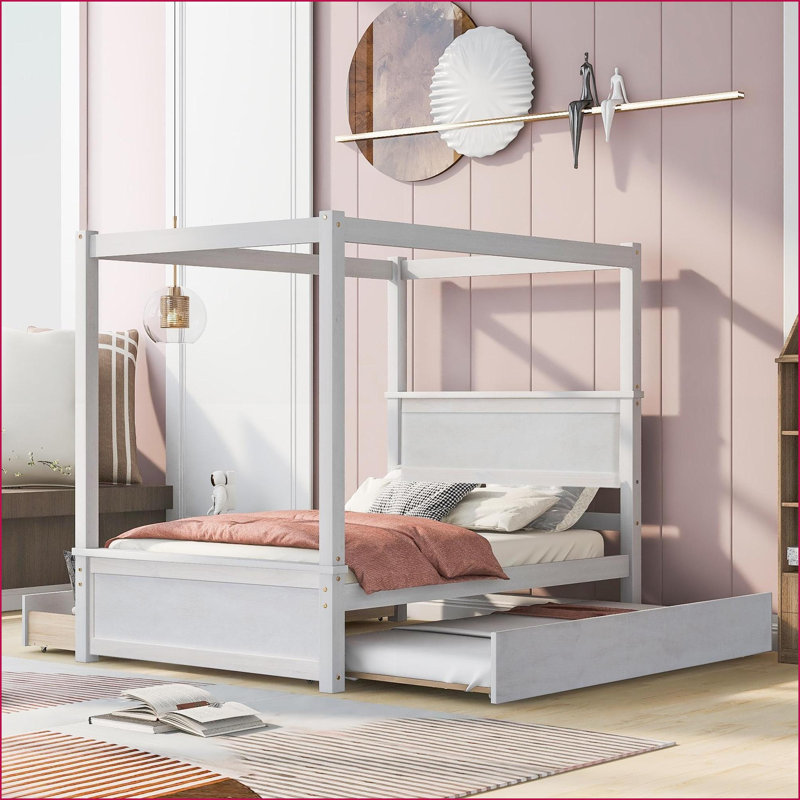 Lit plateforme double à baldaquin en bois avec lit gigogne 2 tiroirs - aucun sommier nécessaire, blanc brossé pour les chambres familiales