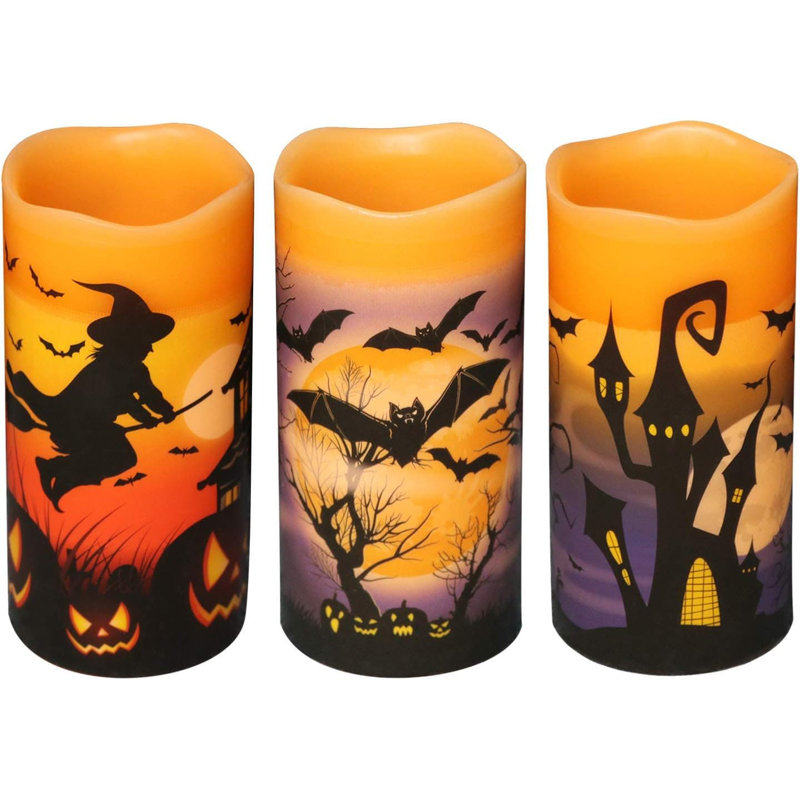 3 Pack Halloween Flameless LED Candles - 6-Hour Timer, Battery-Operated Wax with Witch/Bats/Castle Decals, Flickering for Decor