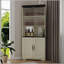 Grande armoire de rangement d'angle autoportante avec 5 niveaux, portes en verre trempé, dossier en miroir et tablettes réglables pour les espaces de vie modernes-57519363