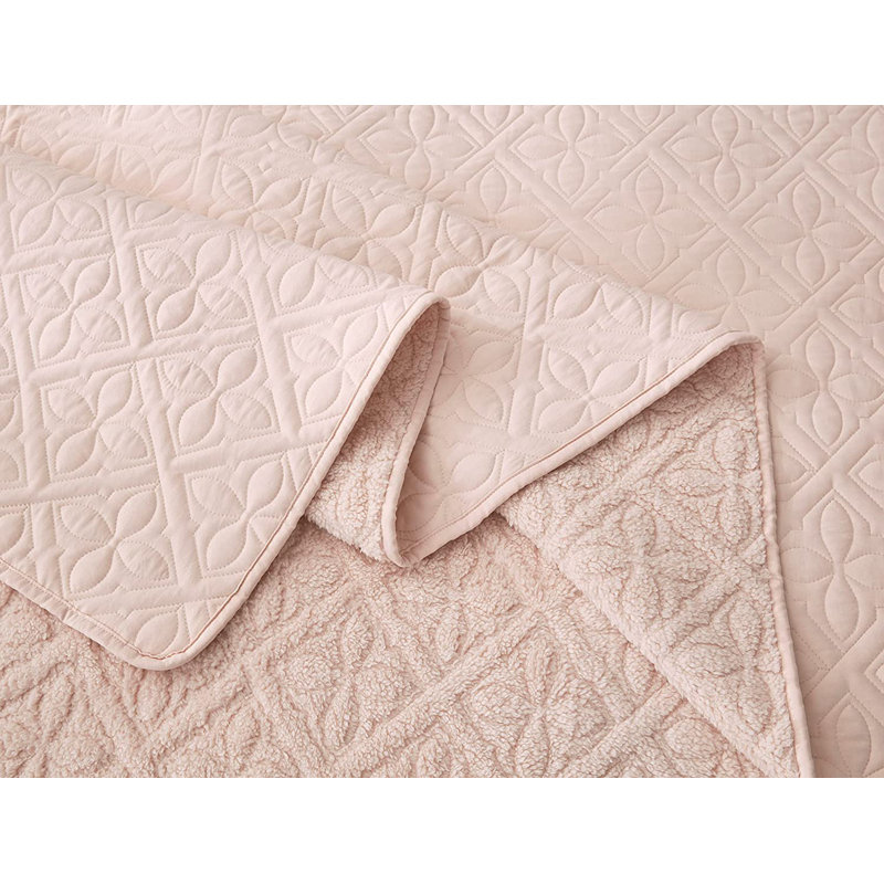 3 - Piece Reversible Floral Quilt Set, Sherpa Blanket with Shams, King Quilt + 2 King Shams, Blush