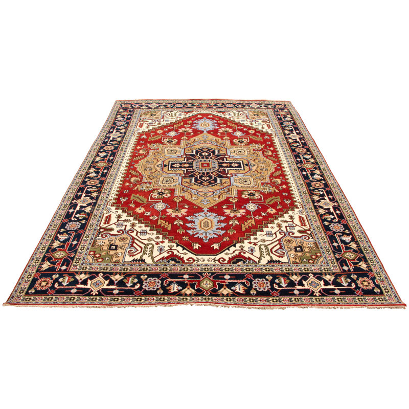 Tapis décoratif en laine rouge/bleu marine de conception unique 9 pi 10 po x 14 pi noué à la main New Age