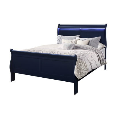 Full Bed In Blue With Led Headboard, Design, Panel Made Of Solid Wood And , 55.21 Depth, 84.22 Width, 47.27 Height Led, Transitional Style, Wide, Deep, High, 72.92 Lb Weight