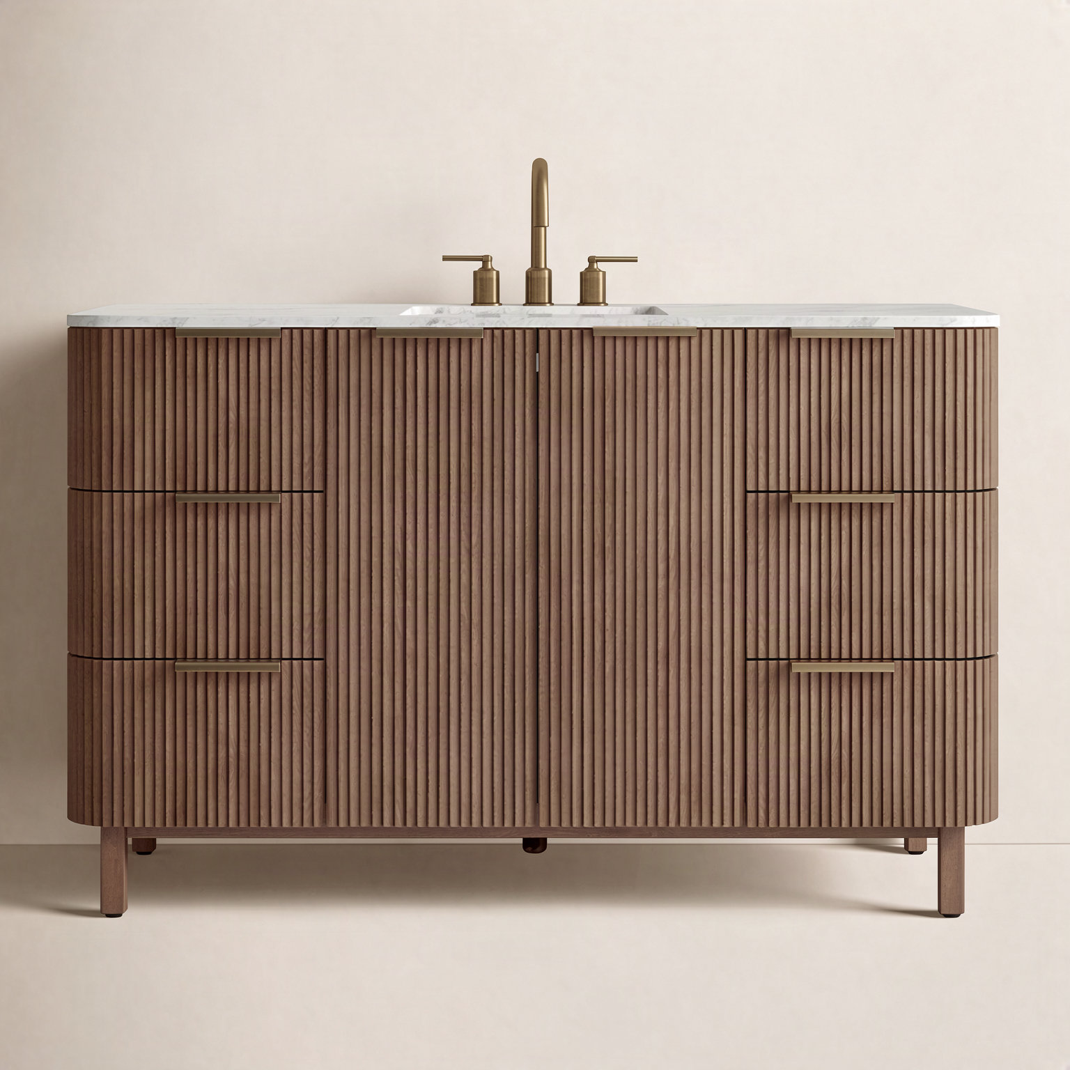 Nova 55" Carrara Marble Single Bathroom Vanity, Brown Reeded Birch