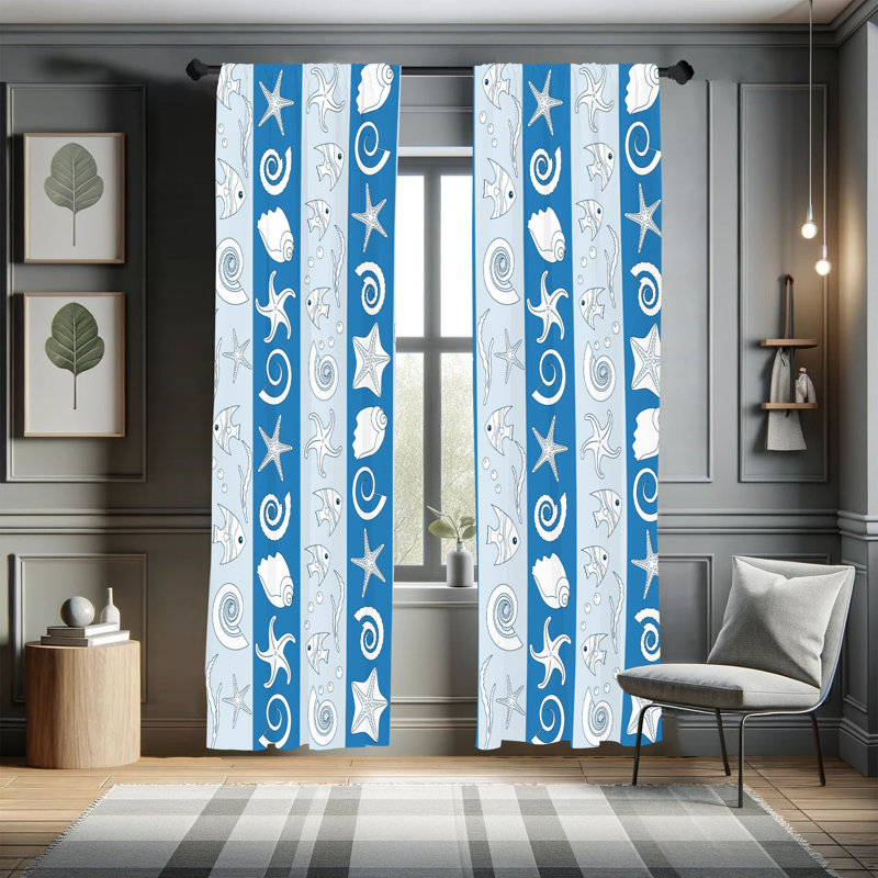 Rideaux nautiques Ebern Designs, rayures de coquillages d'animaux de mer, paire de 28 po, bleu azur, L 28 po x L 95 po