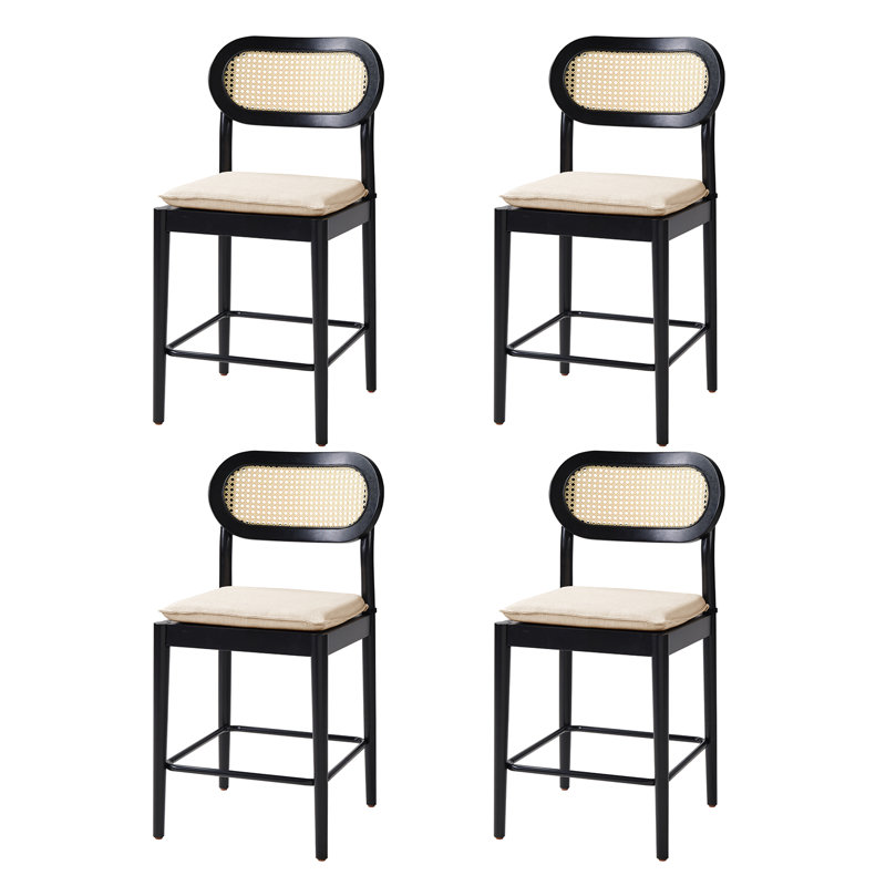 Jacindo Coastal Counter Stool with Rattan Backrest, Black
