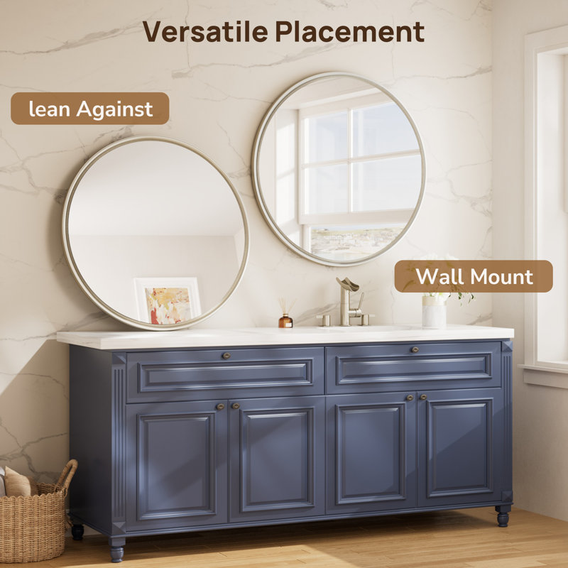 Miroir de salle de bain rond en verre trempé, 24 po x 24 po, Nickel