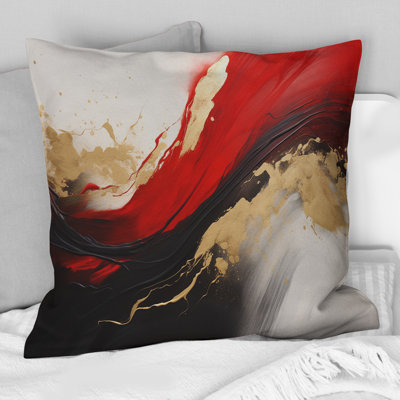 Midnight Passion Abstract Wave Scarlet & Gold II - Abstract Painting Printed Throw Pillow