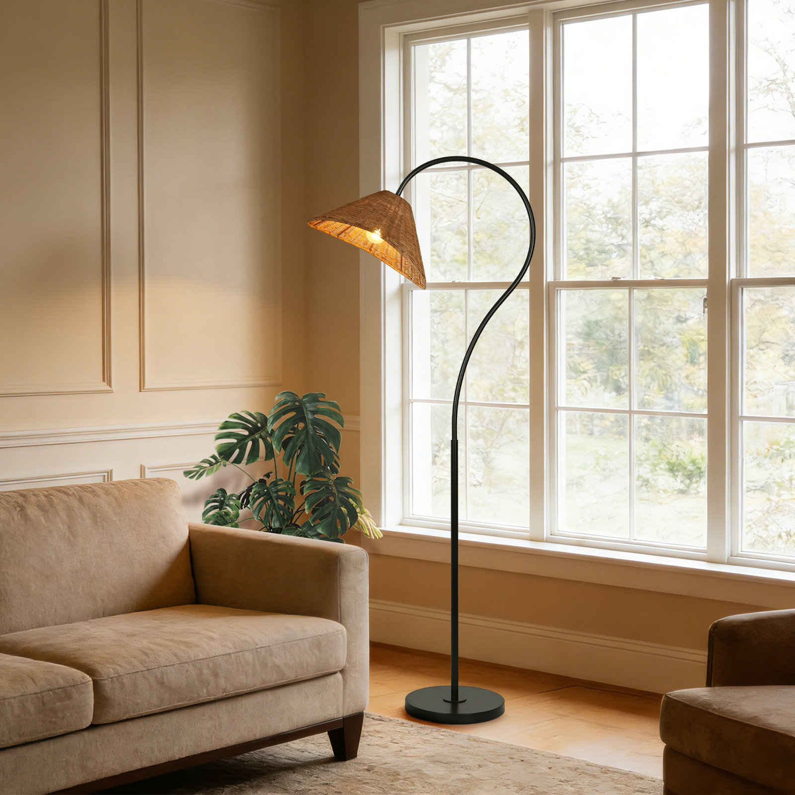 65” Arched Dimmable Rattan Floor Lamp, Black
