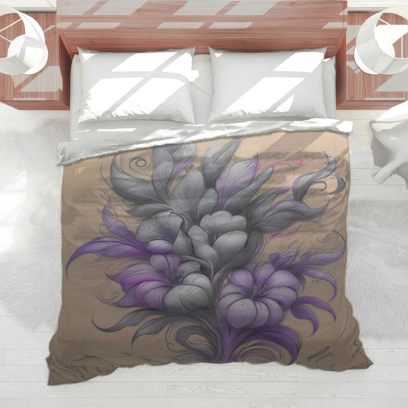 Édredon violet à motif floral gris, Simple extra long
