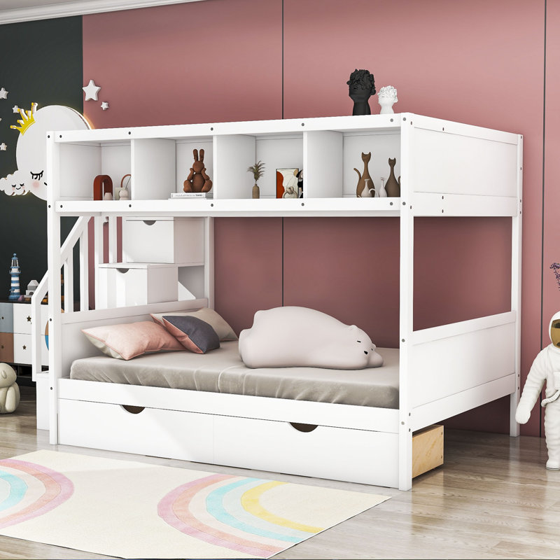 Lit superposé simple au dessus d'un lit double avec tiroirs Tallmadge, Blanc