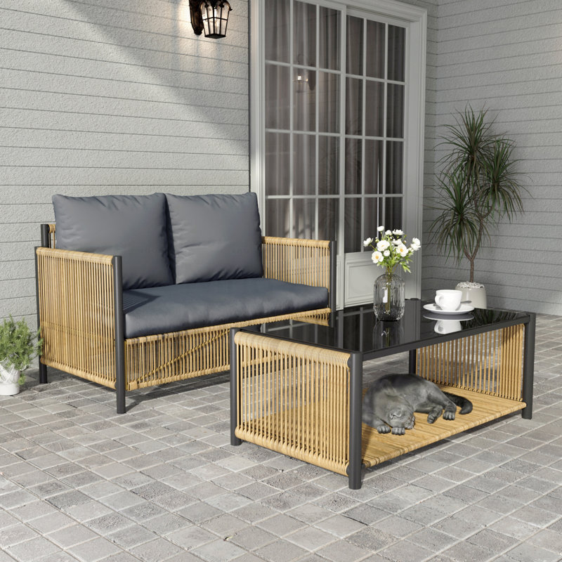 Wicker Brown, New Comming Outdoor Pe 2Seats Sofa With Grey Cushion And Table Set