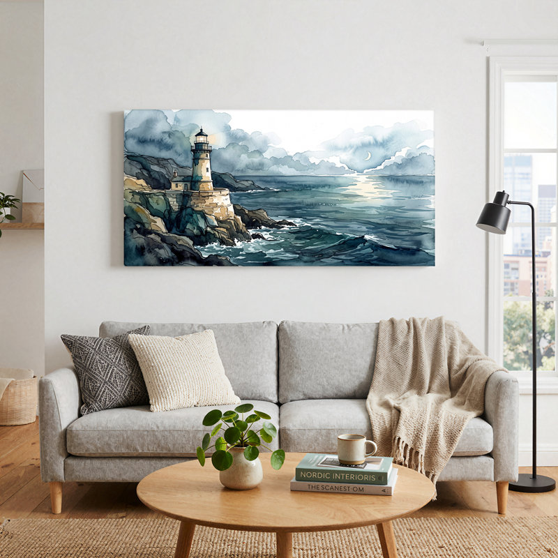Art mural sur toile, "Phare sur les falaises rocheuses", L 32 po x H 16 po