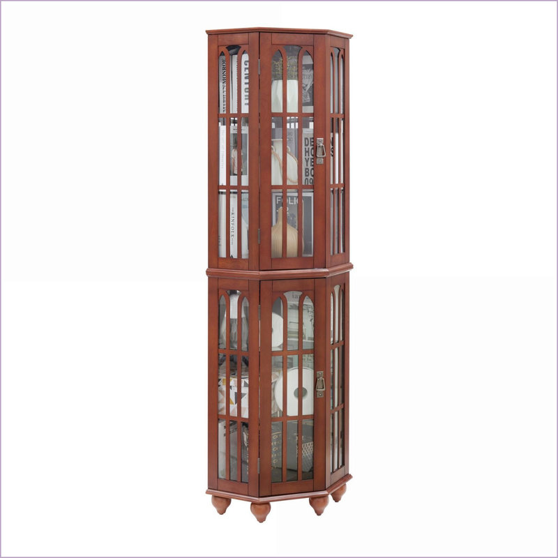 Cabinets d'angle avec tablettes réglables en verre, éclairage, pieds en bois massif | H 70 po x l 22 po x P 16,95 po | Traditionnel | Bois massif + panneau de fibres à densité moyenne