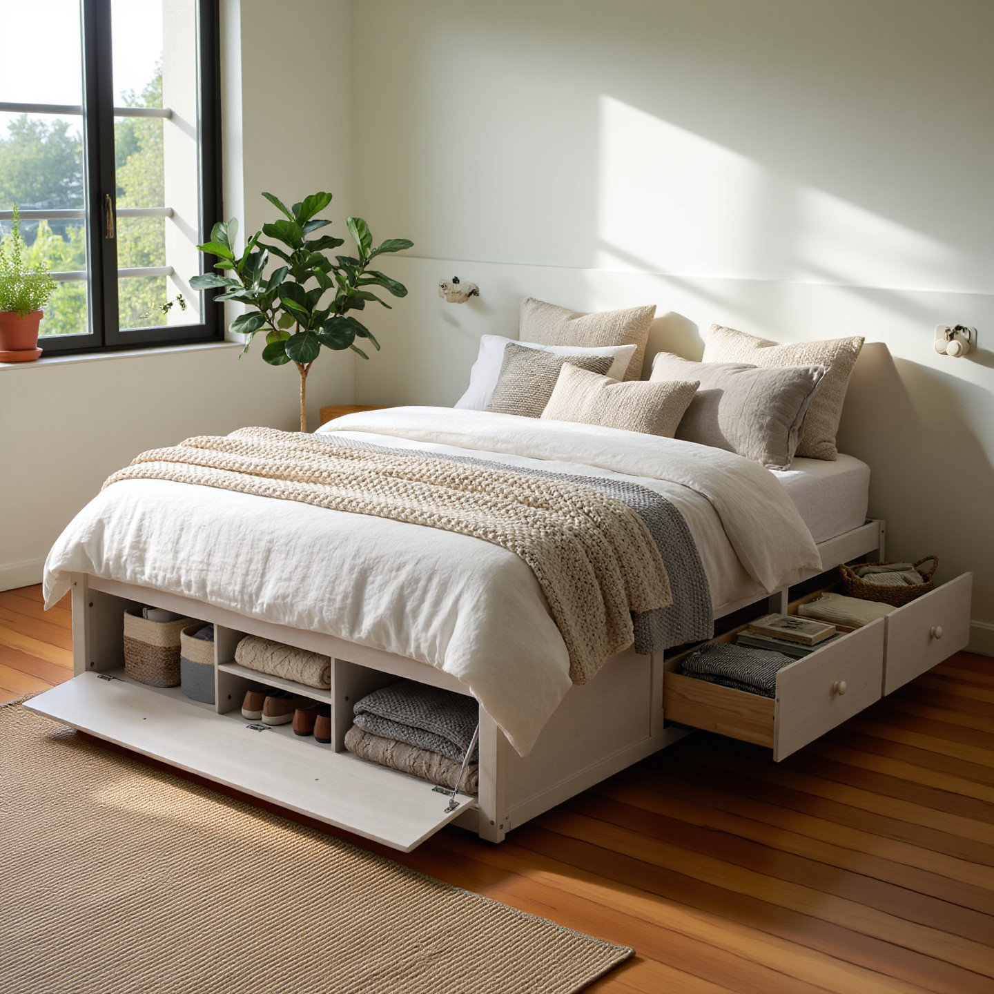 Ebern Designs Queen Size Platform Bed Frame With 4 Storage Drawers And ...