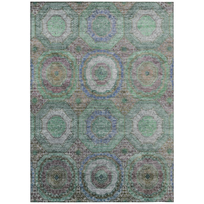 Machine Washable Indoor/Outdoor Xhevrie Green Rug