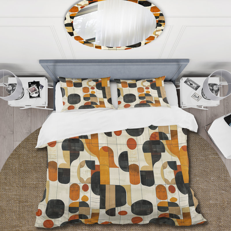 Orange Black Midcentury Shapes I - Midcentury Duvet Cover Set, Twin Duvet Cover + 2 Standard Shams