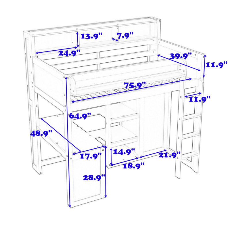 Lit mezzanine simple avec bureau, garde-robe et tablette de rangement, Blanc