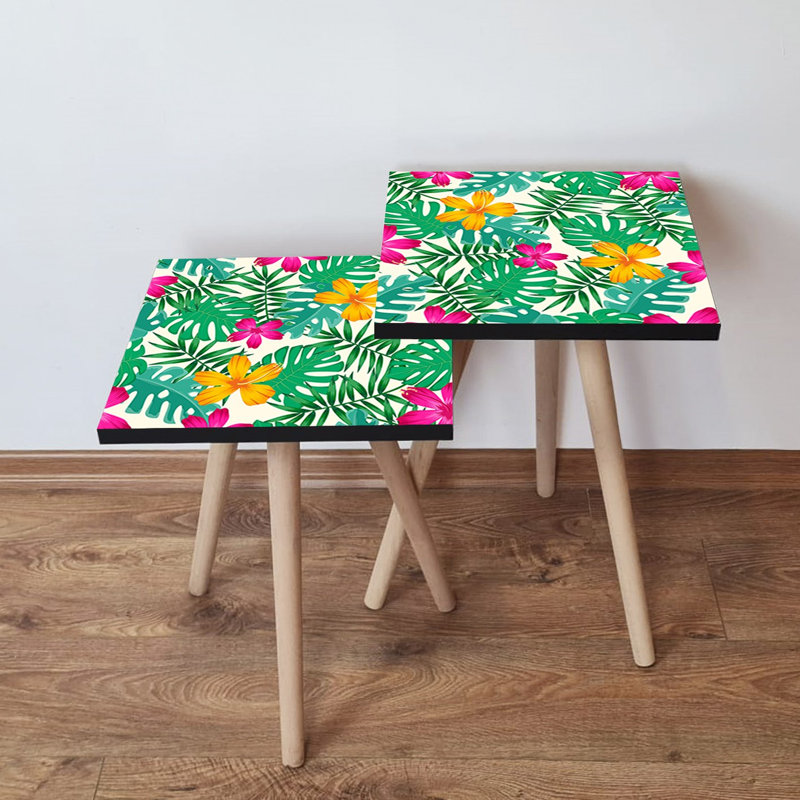 Modern Nesting Table Set (2 Pieces), Beech Wood Legs, 13.8 x 18.5 x 13.8 inches & 13.8 x 16.5 x 13.8 inches | 100% MDF with 0.7-inch Thickness | Stylish Floral Design for Living Room & Home Décor, Space-Saving Solution