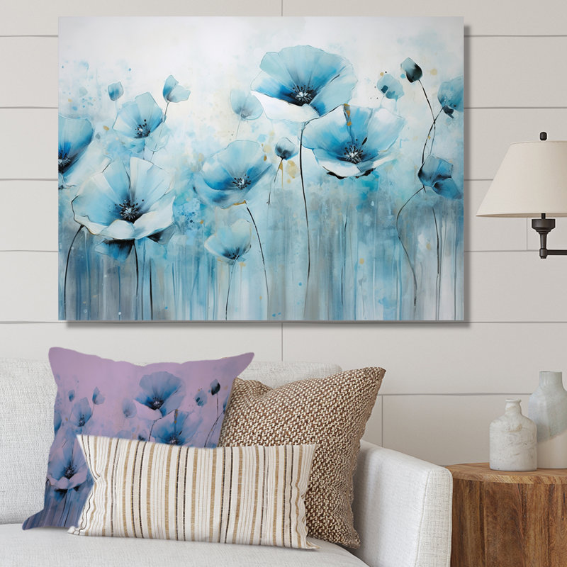 " Cerulean Calm Poppy Dreams ", White Picture Framed, 34" H x 44" W